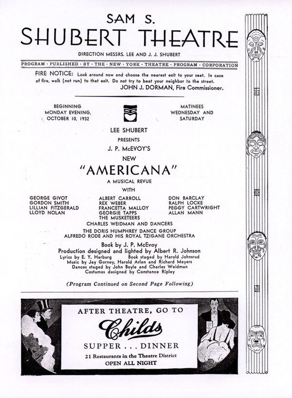 First program page for the Broadway revue Americana