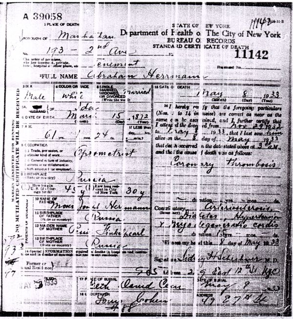 Death certificate of Abraham Herrmann